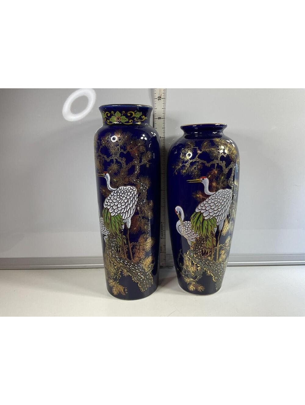 Japanese Cobalt Kutani Ware Vases Lot Of 2 Cranes